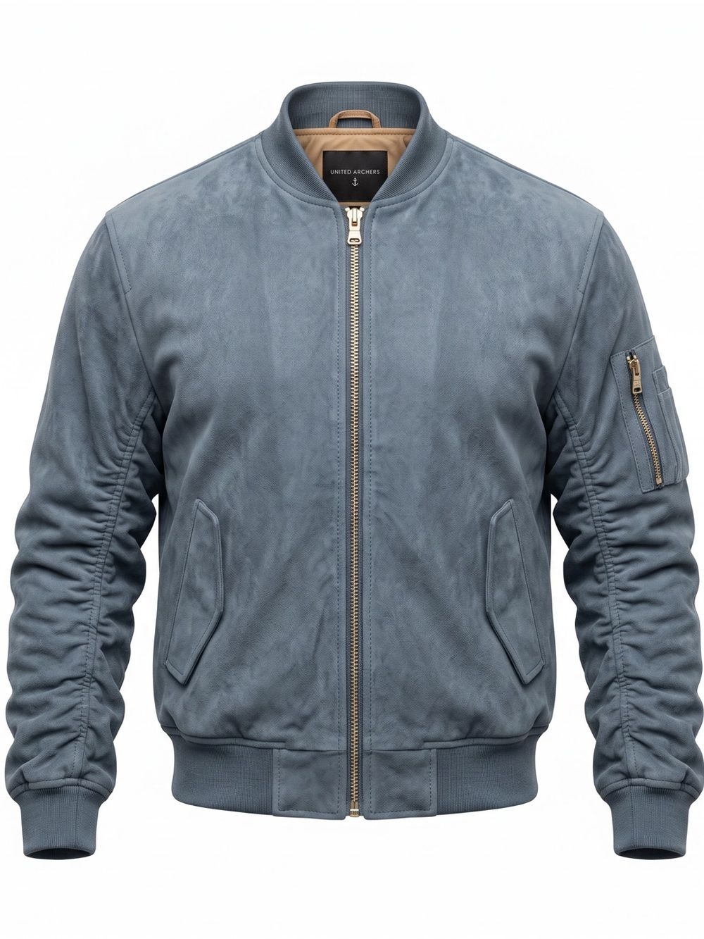 Lifted Anchors Blue Suede Bird BomberJacket Full Zip Ruched Sleeves Men Medium